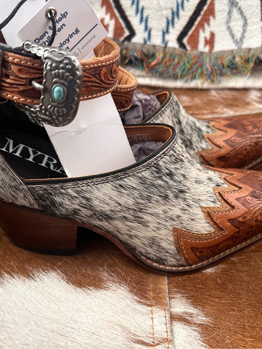 Myra Bag Brown Tooled Leather & White Speckled Hair-On-Hide Western Ankle Boots - Picture 4 of 6